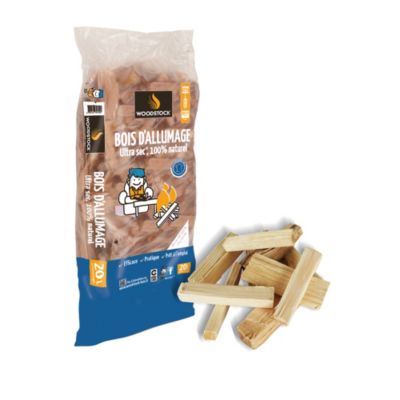 Bois d’allumage Woodstock – sac 20L – bois dur ultra sec ≤15 % prêt à l’emploi – allumage rapide – idéal poêle, insert et cheminée – fabrication fra