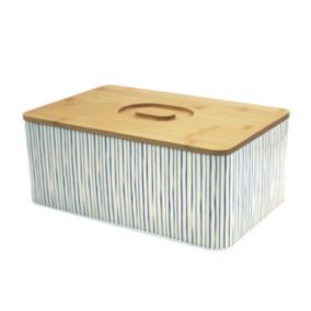 Boîte à pain rayée écru et bleu avec couvercle en bambou Box & Beyond