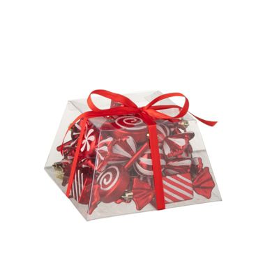 Boite de 25 suspensions de Noël en plastique rouge 10x17x17 cm