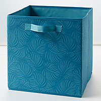 Boîte de rangement carrée en textile Form Adèle coloris bleu motif jungle