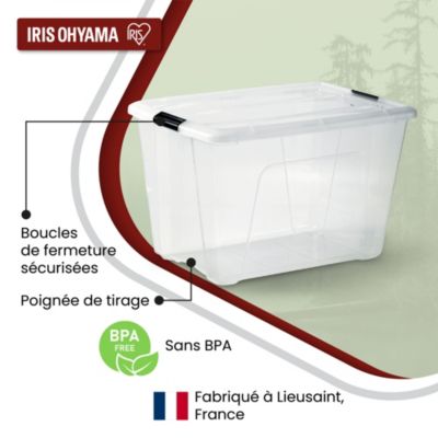 Iris Ohyama Boîtes Rangement Plastique 60L Lot De 4 - Empilables Avec Couvercle Et Clips Noir