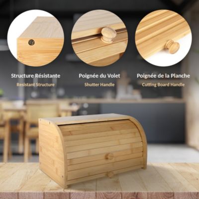 Boite pain bambou naturel FISHTEC couvercle coulissant planche decouper rainuree