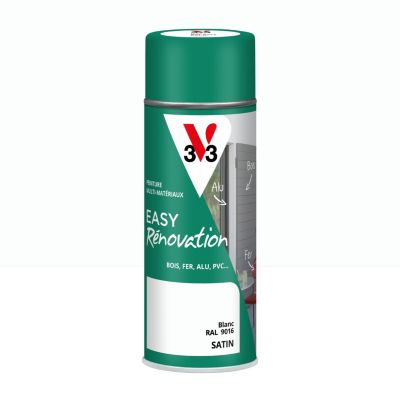 Bombe de peinture extérieure bois, fer, plastique blanc RAL 9016 satin V33 Easy Rénovation 400 ml
