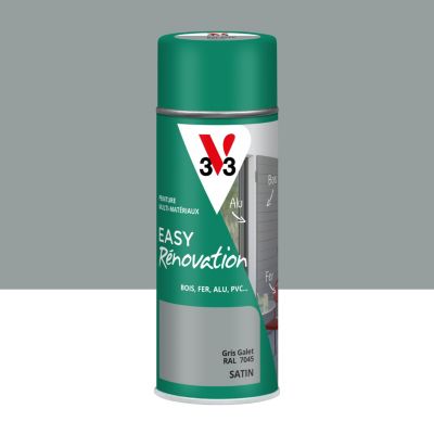 Bombe de peinture extérieure bois, fer, plastique gris galet RAL 7045 satin V33 Easy Rénovation 400 ml