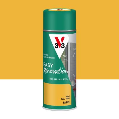 Bombe de peinture extérieure bois, fer, plastique jaune miel RAL 1004 satin V33 Easy Rénovation 400 ml