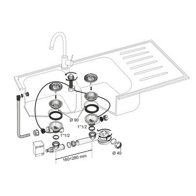 Bonde à panier avec commande à câble 90mm, trop-plein et siphon extra-plat blanc Wirquin