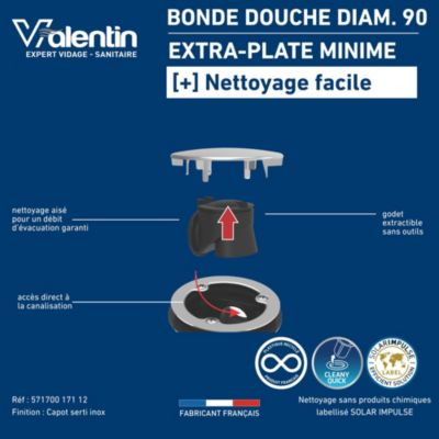 Bonde de douche extra-plate Ø90mm NF minime - Valentin