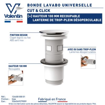 Bonde de lavabo ø65 mm Valentin avec clapet clic clac ou fixe