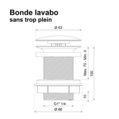 Bonde de lavabo ø 66 mm Rousseau avec clapet clic clac ou fixe noir