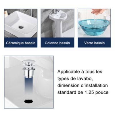 Bonde de Lavabo Bonde Pop-up avec Trop-plein Automatique Universelle en Cuivre Chromé Grande Evacuation