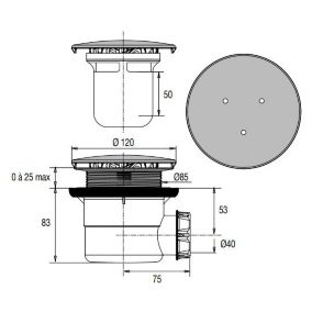 Bonde de receveur à capot métal rond 117mm pour douche D90 sortie horizontale  - VALENTIN - 00 571500 000 00