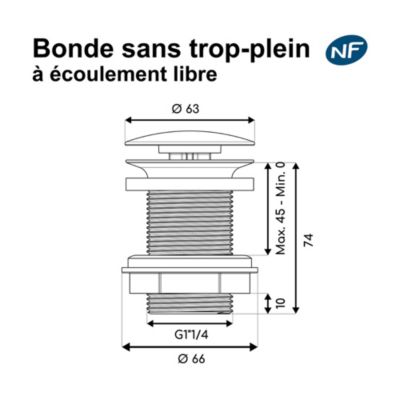 Bonde lavabo à écoulement libre chromé H. 75 mm - Edouard Rousseau