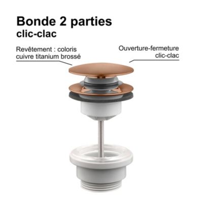 Bonde lavabo clic-clac 2 parties avec clapet recouvrant cuivre titanium D. 63 mm - Edouard Rousseau