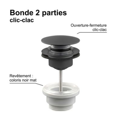 Bonde lavabo clic-clac 2 parties avec clapet recouvrant noir mat D. 63 mm - Edouard Rousseau