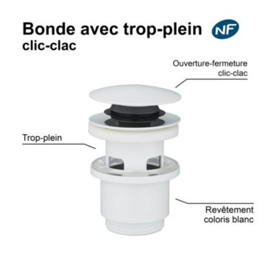 Bonde lavabo clic-clac blanc mat H. 75 mm - Edouard Rousseau