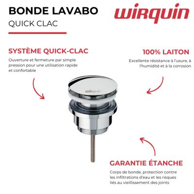 Bonde lavabo universelle WIRQUIN Quick clac avec vis centrale chromé ...