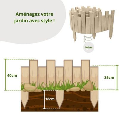 Bordure de jardin - Floranica - Non Traitée - Bois de pin - 200 cm x 30 cm - Esthétique crénelée