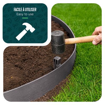 Bordure de jardin PE flexible 20M x 8 CM avec piquets gris VOUNOT
