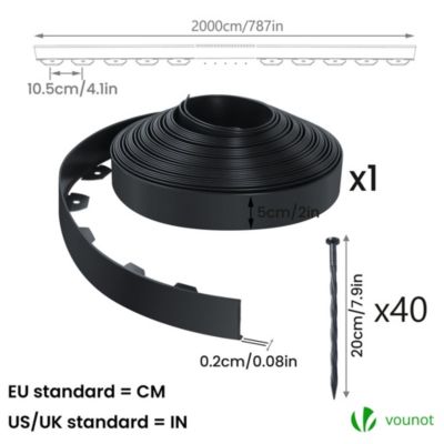 Bordure De Pelouse En Plastique Flexible 10m Avec Piquets - Konrado-Garden Noir 4cm