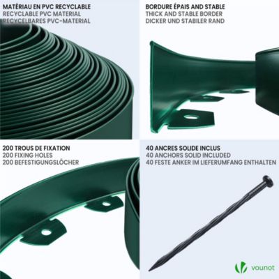 Bordure de jardin PVC flexible 20m avec piquets vert VOUNOT
