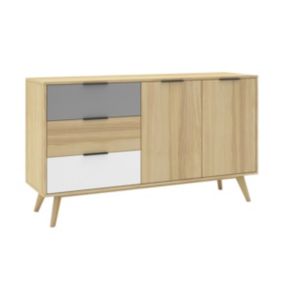 BORGH - Buffet 140cm 2 Portes 3 Tiroirs Scandinave Pin Massif Gris, Blanc et Effet Chêne