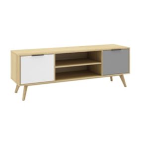 BORGH - Meuble TV 140cm 2 Portes Scandinave Pin Massif Gris, Blanc et Effet Chêne