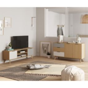 BORGH - Pack Salon Scandinave Meuble TV 140cm + Buffet 140cm 2 Portes en Pin Massif