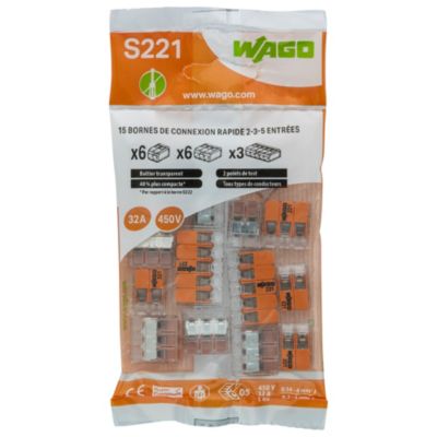 Wago- Sachet de 3 bornes S221 2 entrées fils souples et rigides