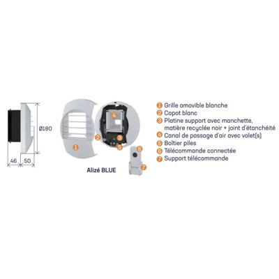 Bouche VMC hygro cuisine maison piles télécommande Alizé Blue HCTP05