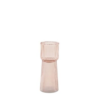 Bougeoir en verre strié rose 19cm