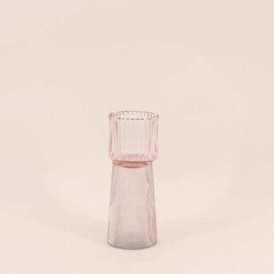 Bougeoir en verre strié rose 19cm
