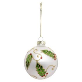 Boule de Noël Déco Houx "Soir" 8cm Blanc & Vert