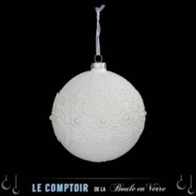 Boule de Noël en Verre "Dentelle Perle" 10cm Blanc