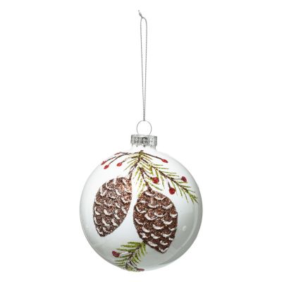 Boule de noël blanche décor pomme de pin en verre ∅80mm Feeric Light & Christmas