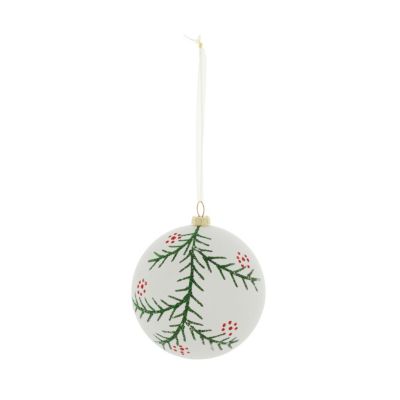 Boule de noel en plastique blanche feuille de gui peint