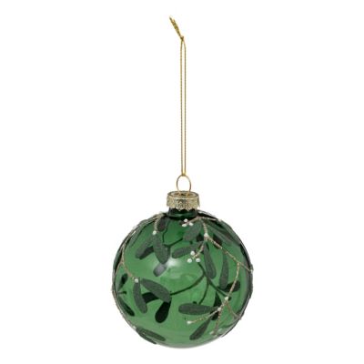 Boule de noël verre vert et blanc décor branche de gui ∅80mm Feeric Light & Christmas