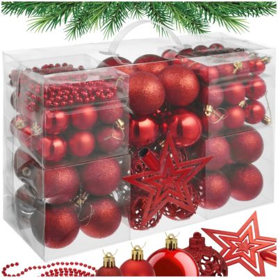 Boules de Noël Lot de 84 boules rouges avec chaîne en perles et étoile rouge