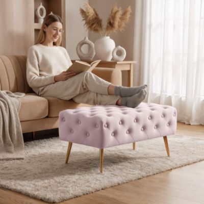 Bout de lit en velours capitonné 80 cm MADRID Rose Poudré