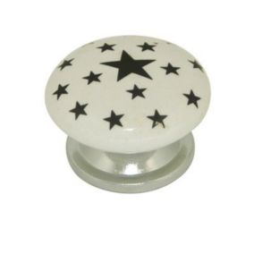 Bouton rond porcelaine blanc décor étoile noir brillant Ø38mm