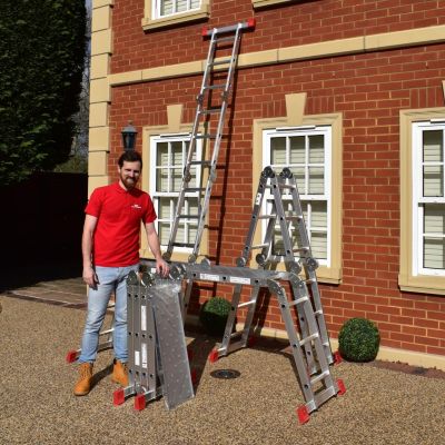 BPS Échelle multifonction Superior Big Red Foot - 2 sections - Plateforme stable - Pieds antidérapants - 4 x 3 + marche