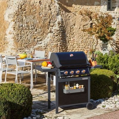 Brasero - Barbecue SPRING II 4 Feux - Surface de cuisson mixte - 1/4 plaque Fonte  - 3/4 grille Fonte - 12,6 kW - Noir