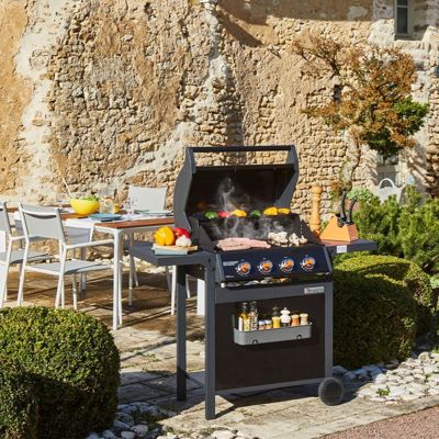 Brasero - Barbecue SPRING II 4 Feux - Surface de cuisson mixte - 1/4 plaque Fonte  - 3/4 grille Fonte - 12,6 kW - Noir