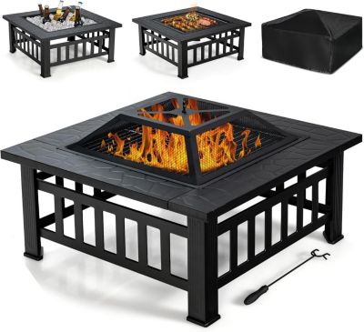 Brasero de Jardin Carre en Fer,avec Tisonnier Long,Grand Bac de Rangement pour Chauffage et Barbecue Glaciere 81x81x50cm
