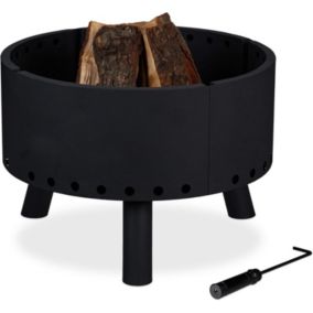 Brasero de Jardin Noir Avec Protection des Flammes + Bouclier Thermique, HxD 40,5 x 58,5 cm + tisonnier bac à feu