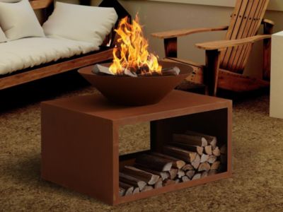 Brasero en acier Corten avec range bûches - L90 x H67,5 x P75 cm - BEZIO