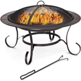 Brasero Exterieur en Metal avec Poker et Couvercle de Protection Foyer de Chauffage/Barbecue pour Jardin avec Grille de Fer