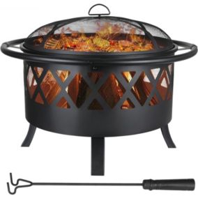 Brasero Noir de 81 cm Exterieur, Barbecue Jardin + Protection Anti-étincelles et Tisonnier, + Grille et Grande Capacité