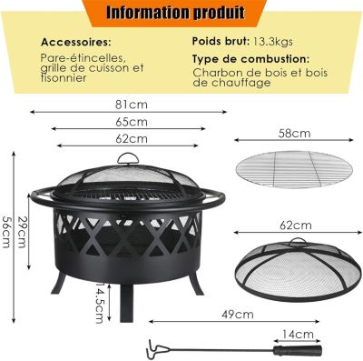 Brasero Noir de 81 cm Exterieur, Barbecue Jardin + Protection Anti-étincelles et Tisonnier, + Grille et Grande Capacité