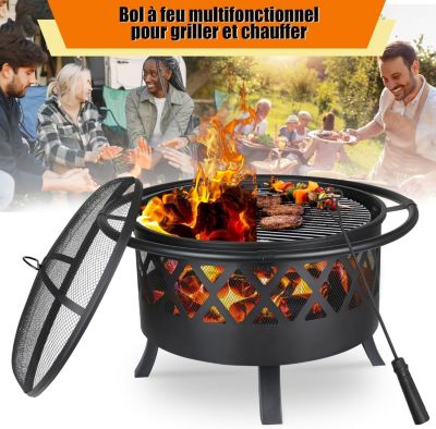 Brasero Noir de 81 cm Exterieur, Barbecue Jardin + Protection Anti-étincelles et Tisonnier, + Grille et Grande Capacité