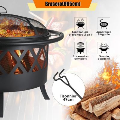 Brasero Noir de 81 cm Exterieur, Barbecue Jardin + Protection Anti-étincelles et Tisonnier, + Grille et Grande Capacité